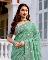 Vishal Prints Spanish Green Designer Soft Silk Embroidery Work Saree With Fancy Border