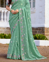Vishal Prints Spanish Green Designer Soft Silk Embroidery Work Saree With Fancy Border