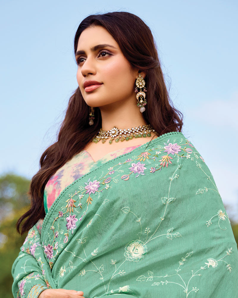 Vishal Prints Spanish Green Designer Soft Silk Embroidery Work Saree With Fancy Border