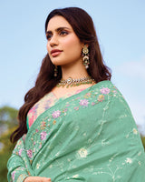 Vishal Prints Spanish Green Designer Soft Silk Embroidery Work Saree With Fancy Border