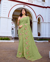 Vishal Prints Pale Olive Green Designer Soft Silk Embroidery Work Saree With Cut Work Border