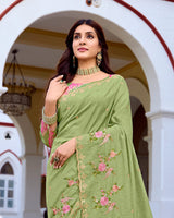 Vishal Prints Pale Olive Green Designer Soft Silk Embroidery Work Saree With Cut Work Border