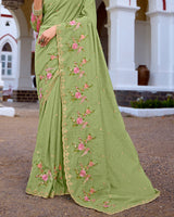 Vishal Prints Pale Olive Green Designer Soft Silk Embroidery Work Saree With Cut Work Border