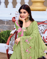 Vishal Prints Pale Olive Green Designer Soft Silk Embroidery Work Saree With Cut Work Border