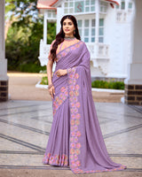 Vishal Prints Dusty Lavender Designer Soft Silk Embroidery Work Saree With Fancy Border