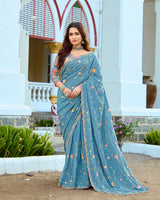 Vishal Prints Celestial Blue Designer Soft Silk Embroidery Work Saree With Cut Work Border