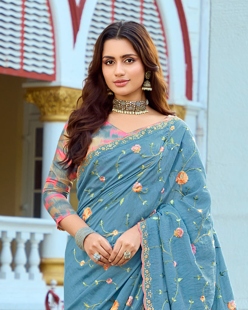 Vishal Prints Celestial Blue Designer Soft Silk Embroidery Work Saree With Cut Work Border
