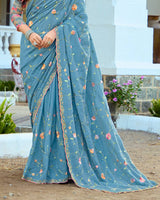 Vishal Prints Celestial Blue Designer Soft Silk Embroidery Work Saree With Cut Work Border