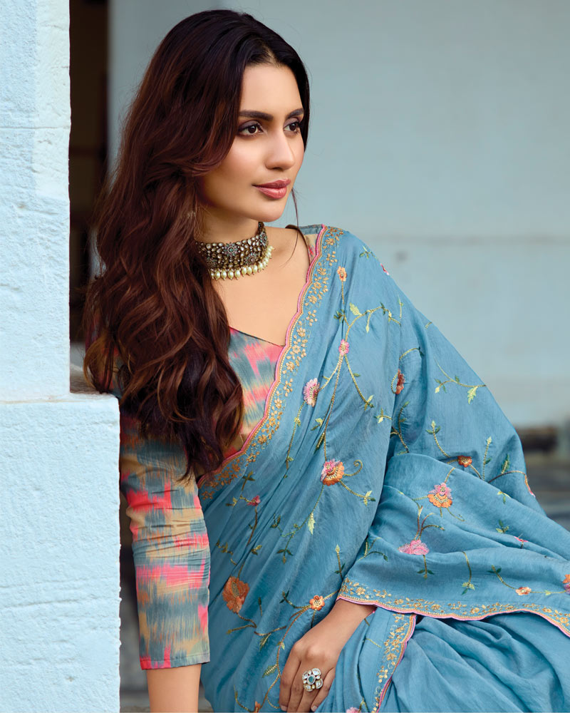 Vishal Prints Celestial Blue Designer Soft Silk Embroidery Work Saree With Cut Work Border