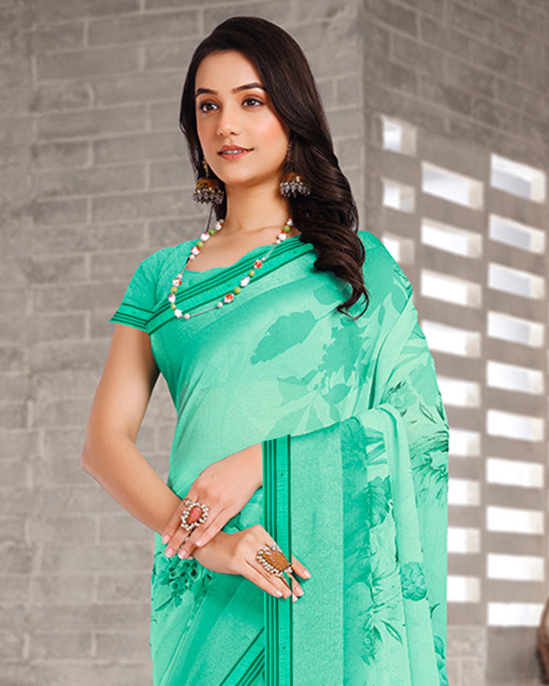 Vishal Prints Pastel Teal Green Digital Print Georgette Saree With Weaved Satin Patta And Fancy Border