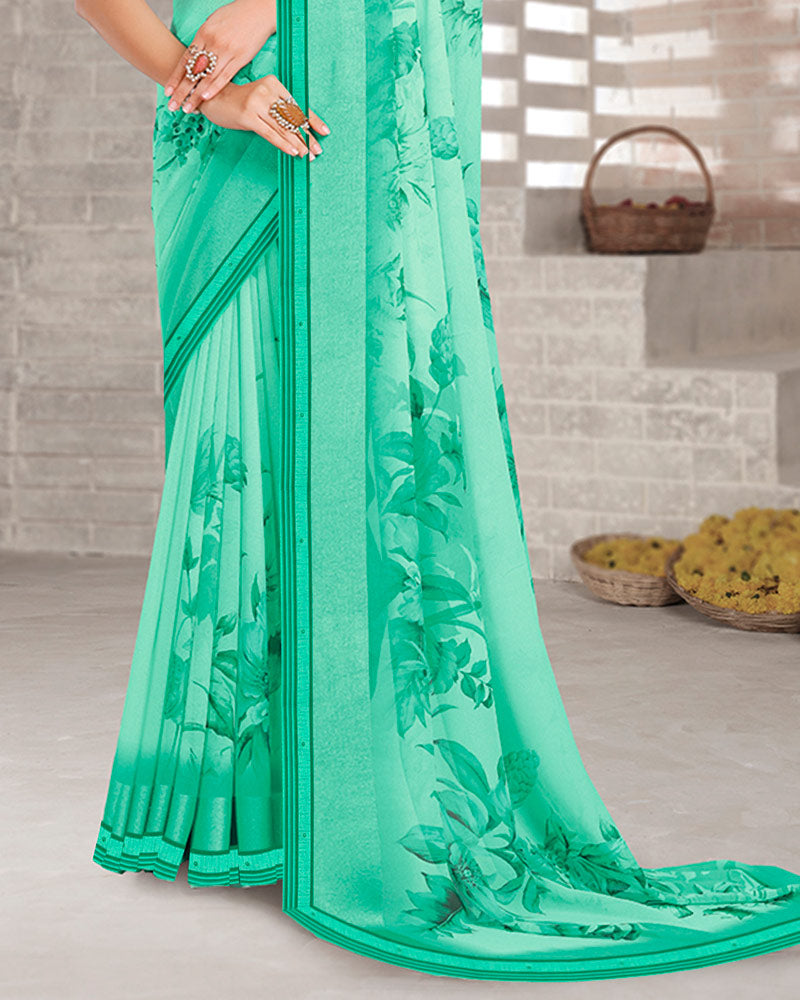 Vishal Prints Pastel Teal Green Digital Print Georgette Saree With Weaved Satin Patta And Fancy Border