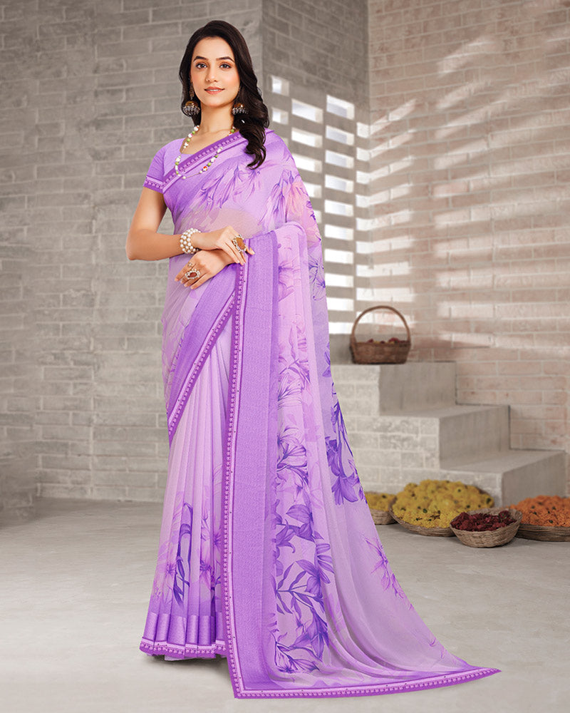 Vishal Prints Light Lavender Digital Print Georgette Saree With Weaved Satin Patta And Fancy Border