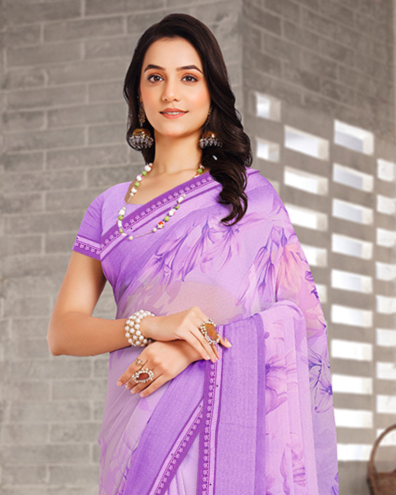 Vishal Prints Light Lavender Digital Print Georgette Saree With Weaved Satin Patta And Fancy Border