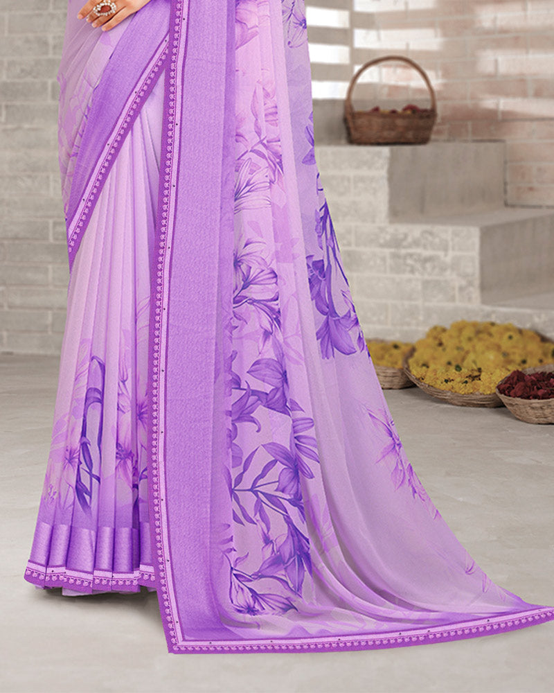 Vishal Prints Light Lavender Digital Print Georgette Saree With Weaved Satin Patta And Fancy Border