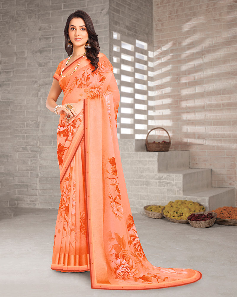 Vishal Prints Pastel Salmon Orange Digital Print Georgette Saree With Weaved Satin Patta And Fancy Border
