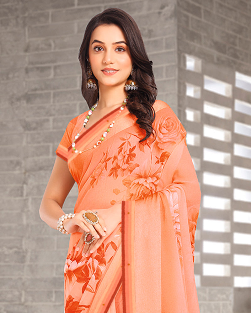 Vishal Prints Pastel Salmon Orange Digital Print Georgette Saree With Weaved Satin Patta And Fancy Border