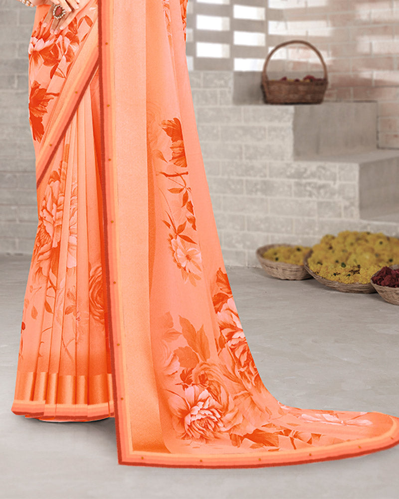 Vishal Prints Pastel Salmon Orange Digital Print Georgette Saree With Weaved Satin Patta And Fancy Border