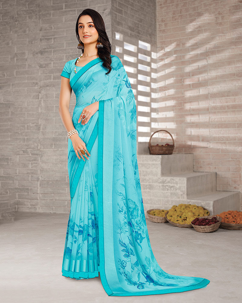 Vishal Prints Fountain Blue Digital Print Georgette Saree With Weaved Satin Patta And Fancy Border