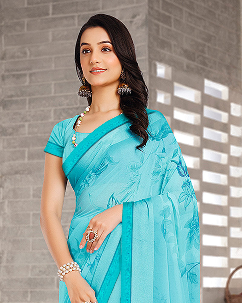 Vishal Prints Fountain Blue Digital Print Georgette Saree With Weaved Satin Patta And Fancy Border