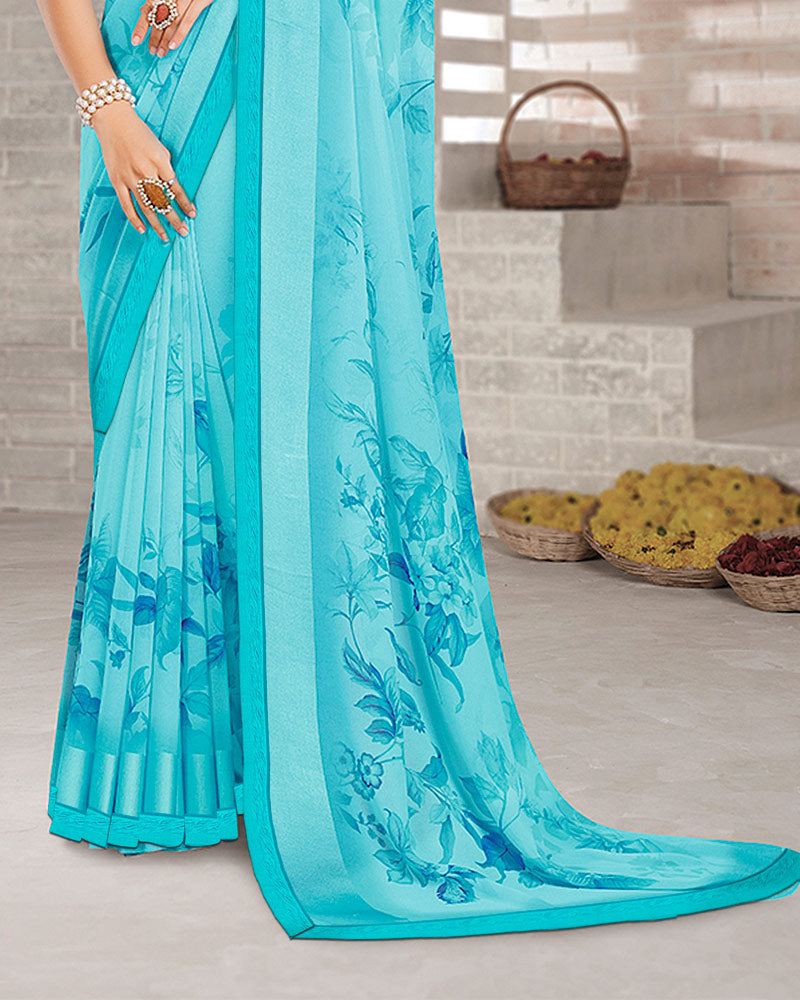 Vishal Prints Fountain Blue Digital Print Georgette Saree With Weaved Satin Patta And Fancy Border