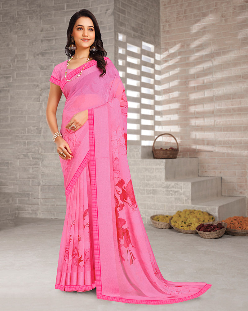 Vishal Prints French Rose Pink Digital Print Georgette Saree With Weaved Satin Patta And Fancy Border
