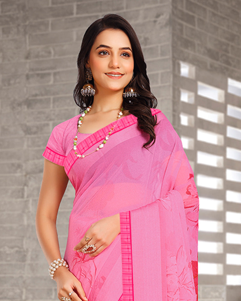 Vishal Prints French Rose Pink Digital Print Georgette Saree With Weaved Satin Patta And Fancy Border