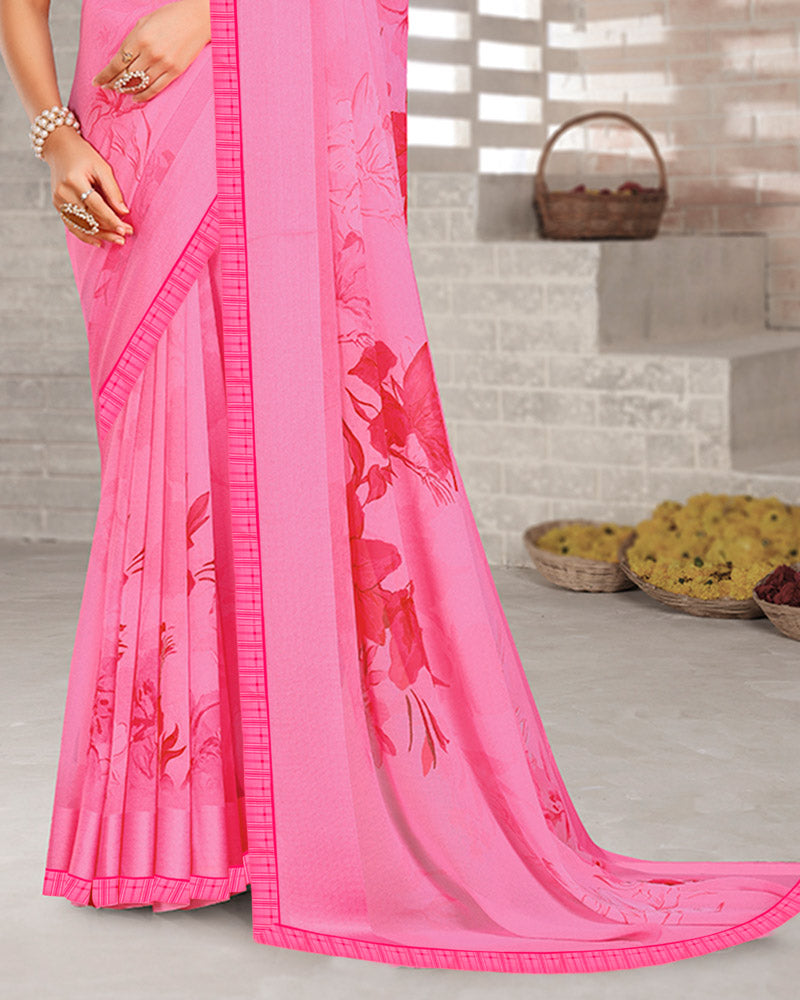 Vishal Prints French Rose Pink Digital Print Georgette Saree With Weaved Satin Patta And Fancy Border