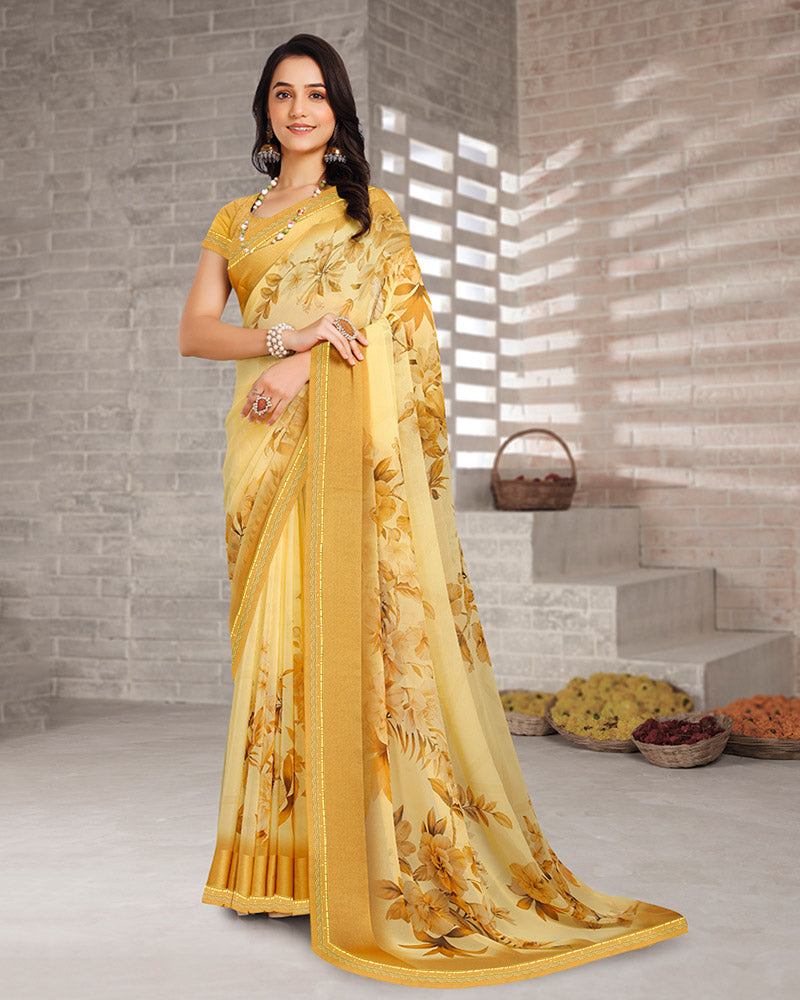 Vishal Prints Light Yellow Mustard Digital Print Georgette Saree With Weaved Satin Patta And Fancy Border