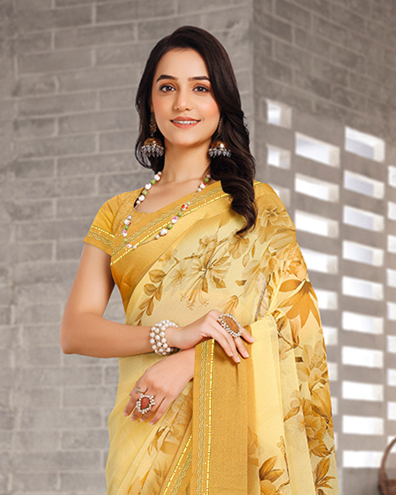 Vishal Prints Light Yellow Mustard Digital Print Georgette Saree With Weaved Satin Patta And Fancy Border