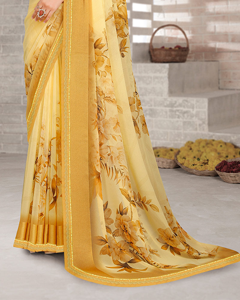 Vishal Prints Light Yellow Mustard Digital Print Georgette Saree With Weaved Satin Patta And Fancy Border