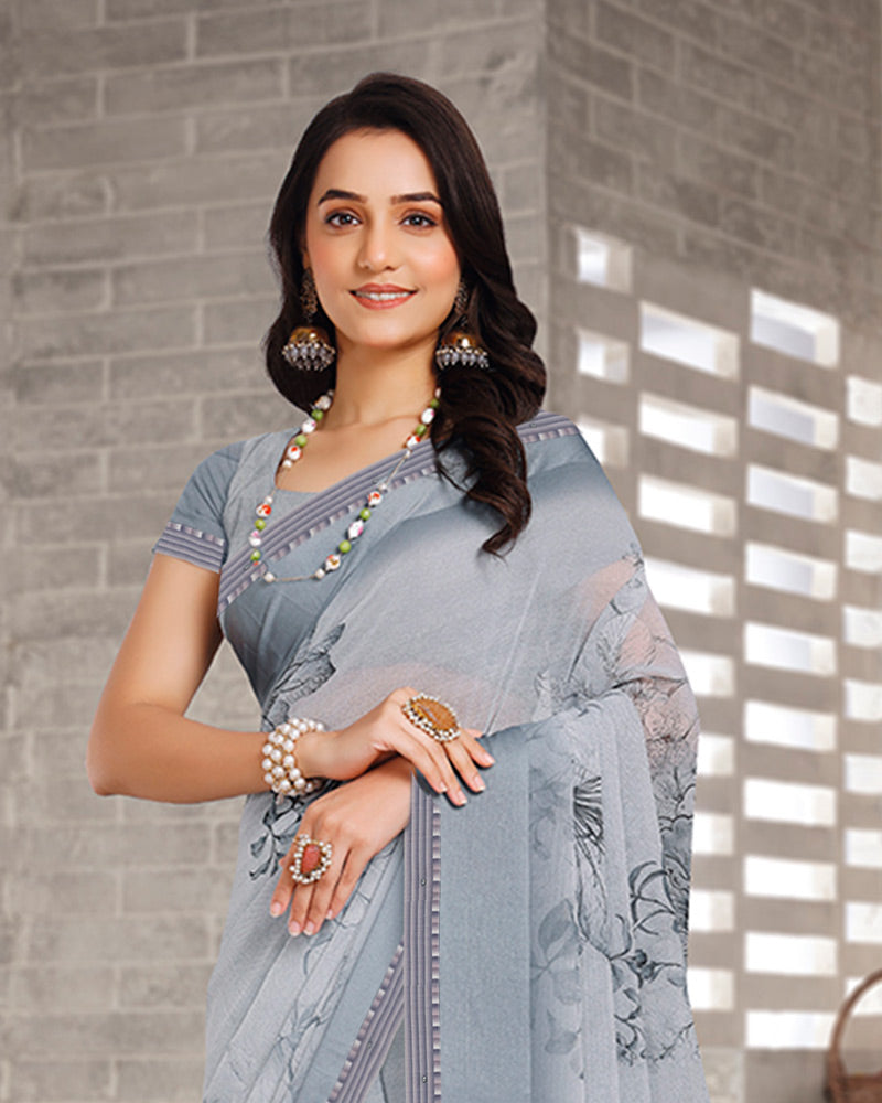 Vishal Prints Cool Grey Digital Print Georgette Saree With Weaved Satin Patta And Fancy Border