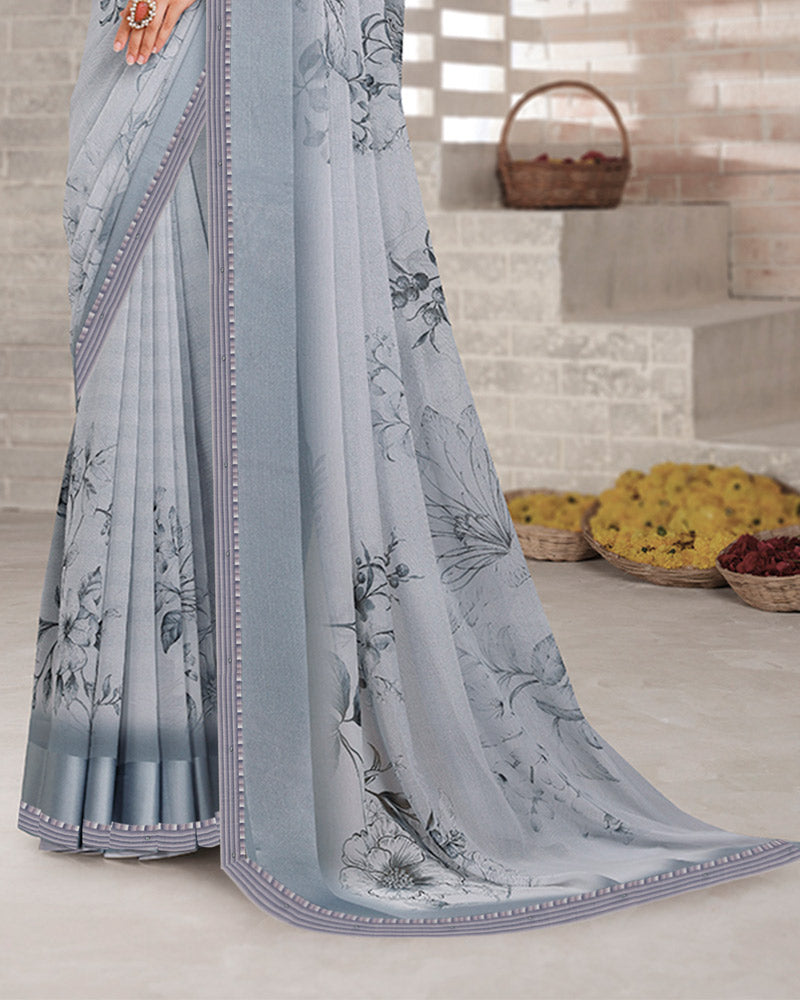 Vishal Prints Cool Grey Digital Print Georgette Saree With Weaved Satin Patta And Fancy Border