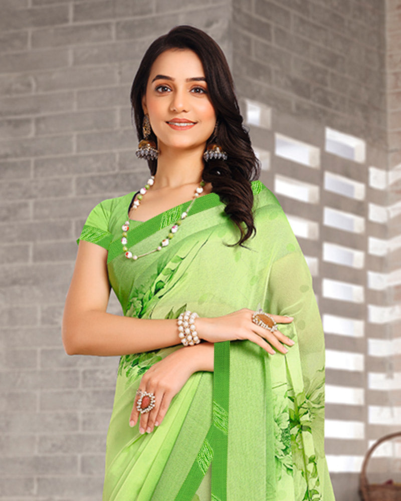 Vishal Prints Light Sage Green Digital Print Georgette Saree With Weaved Satin Patta And Fancy Border