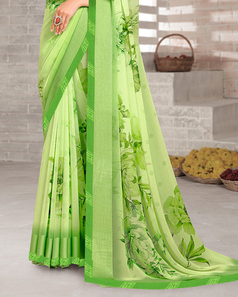 Vishal Prints Light Sage Green Digital Print Georgette Saree With Weaved Satin Patta And Fancy Border