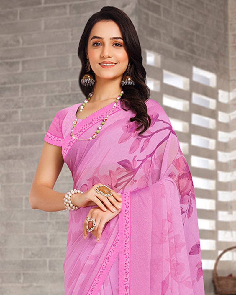 Vishal Prints Pastel Magenta Digital Print Georgette Saree With Weaved Satin Patta And Fancy Border