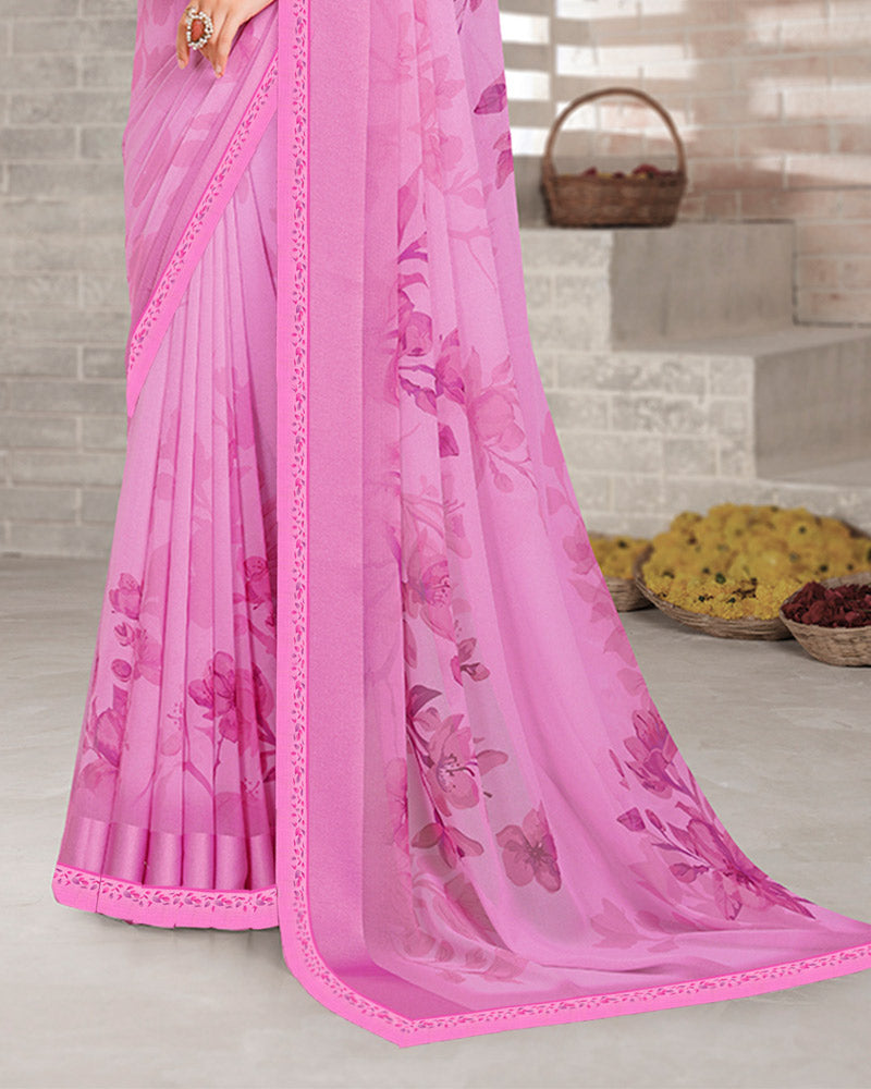 Vishal Prints Pastel Magenta Digital Print Georgette Saree With Weaved Satin Patta And Fancy Border