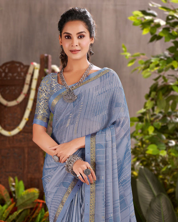 Vishal Prints Rock Blue Designer Fancy Chiffon Saree With Foil Print And Fancy Border