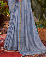 Vishal Prints Rock Blue Designer Fancy Chiffon Saree With Foil Print And Fancy Border