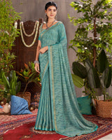 Vishal Prints Pastel Teal Green Designer Fancy Chiffon Saree With Foil Print And Fancy Border