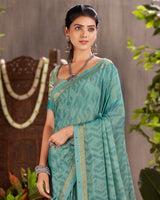 Vishal Prints Pastel Teal Green Designer Fancy Chiffon Saree With Foil Print And Fancy Border