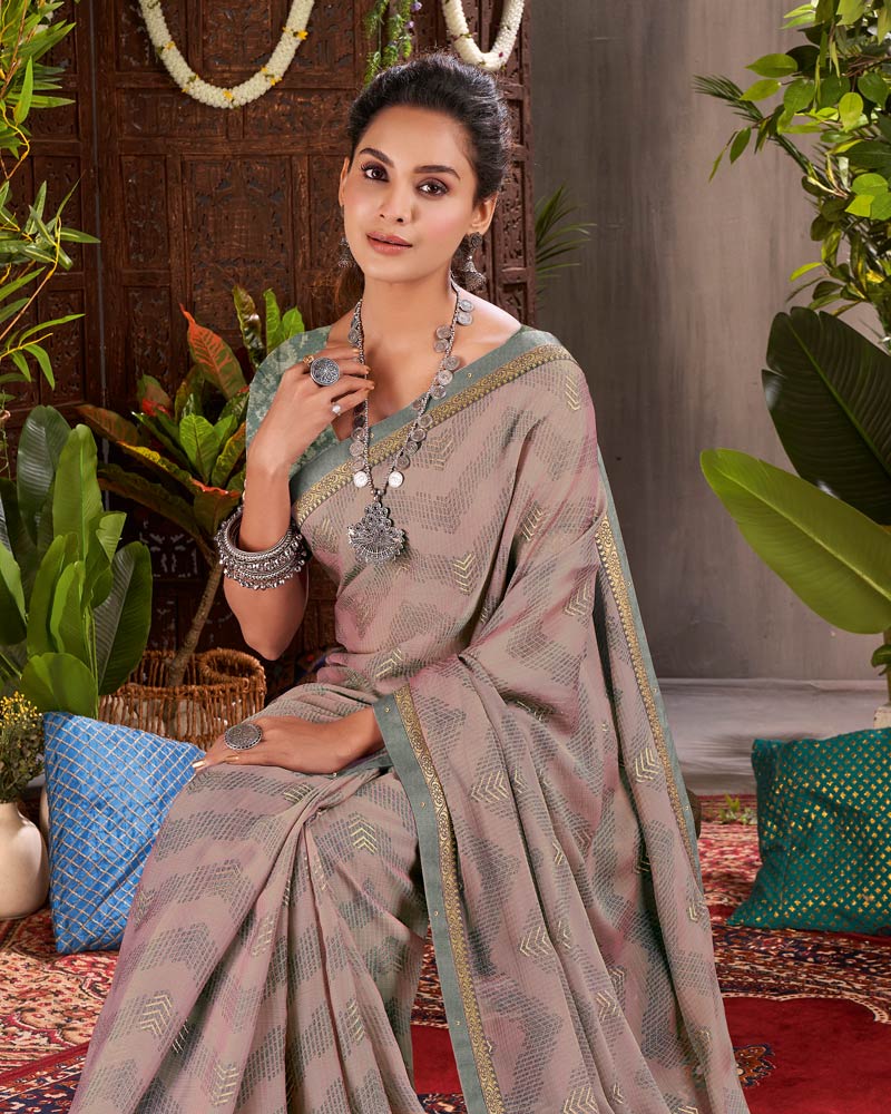 Vishal Prints Light Mauve Designer Fancy Chiffon Saree With Foil Print And Fancy Border