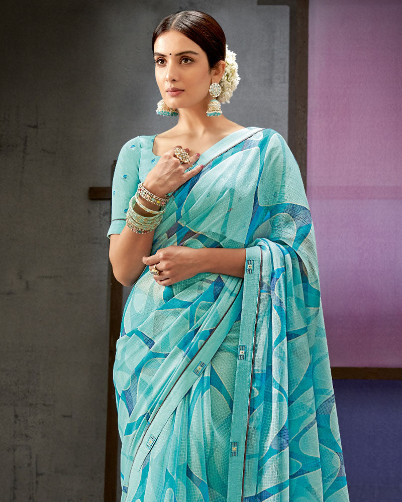 Vishal Prints Pastel Teal Blue Printed Fancy Chiffon Saree With Border