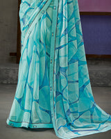 Vishal Prints Pastel Teal Blue Printed Fancy Chiffon Saree With Border