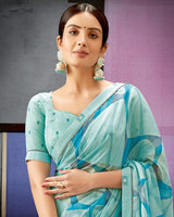 Vishal Prints Pastel Teal Blue Printed Fancy Chiffon Saree With Border