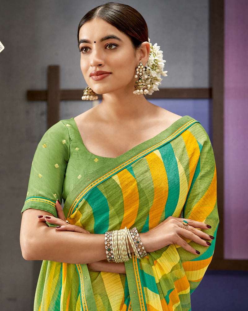 Vishal Prints Olive Green Printed Fancy Chiffon Saree With Border