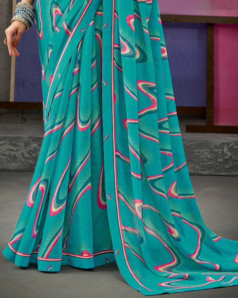 Vishal Prints Teal Blue Printed Fancy Chiffon Saree With Border