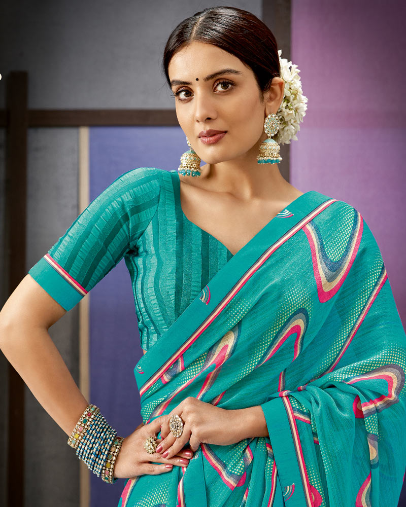 Vishal Prints Teal Blue Printed Fancy Chiffon Saree With Border
