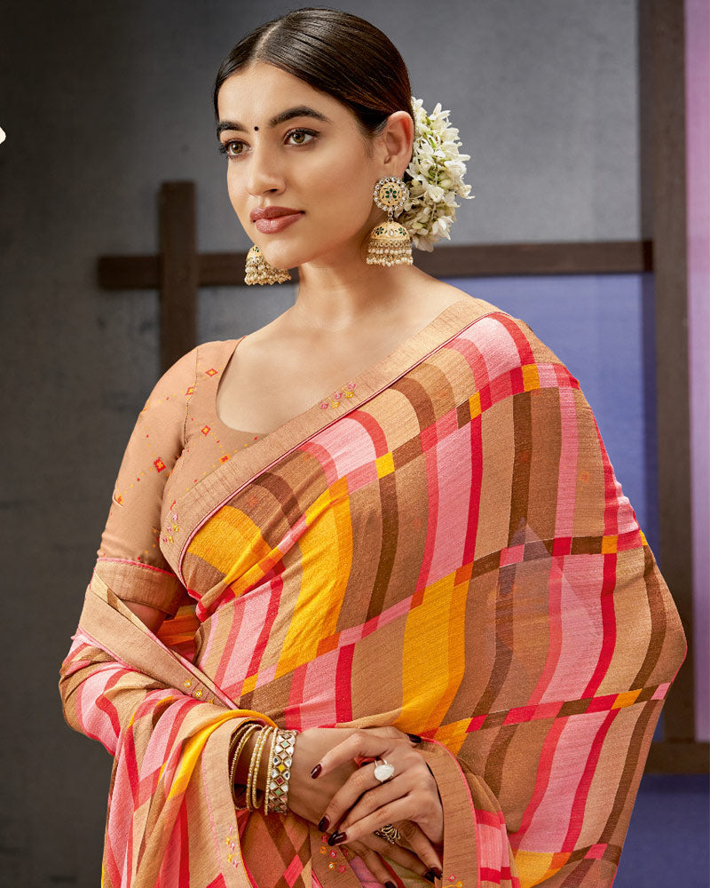 Vishal Prints Light Brown Printed Fancy Chiffon Saree With Border