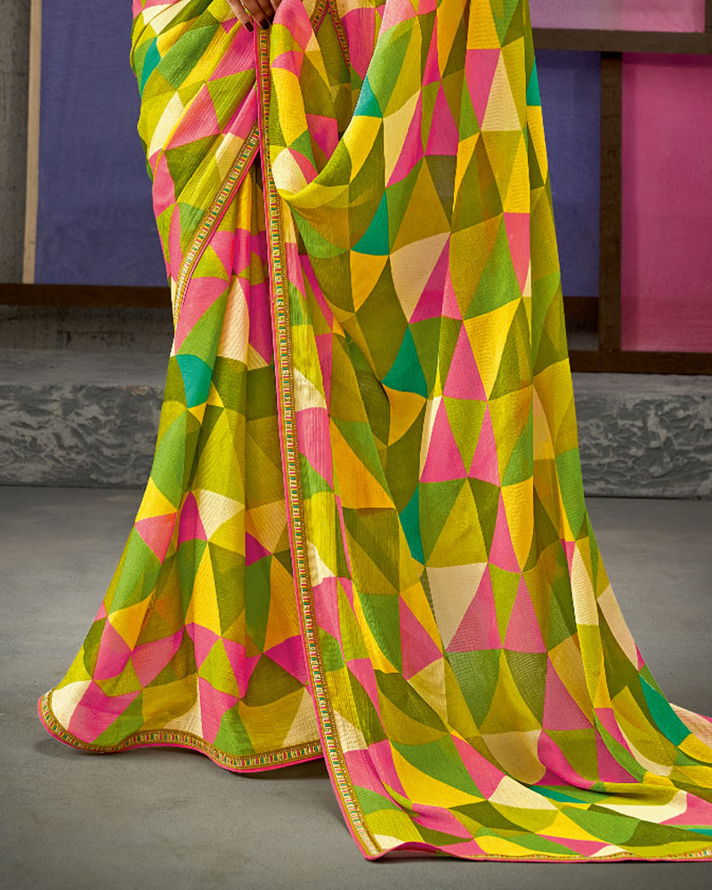 Vishal Prints Dark Olive Green Printed Fancy Chiffon Saree With Border