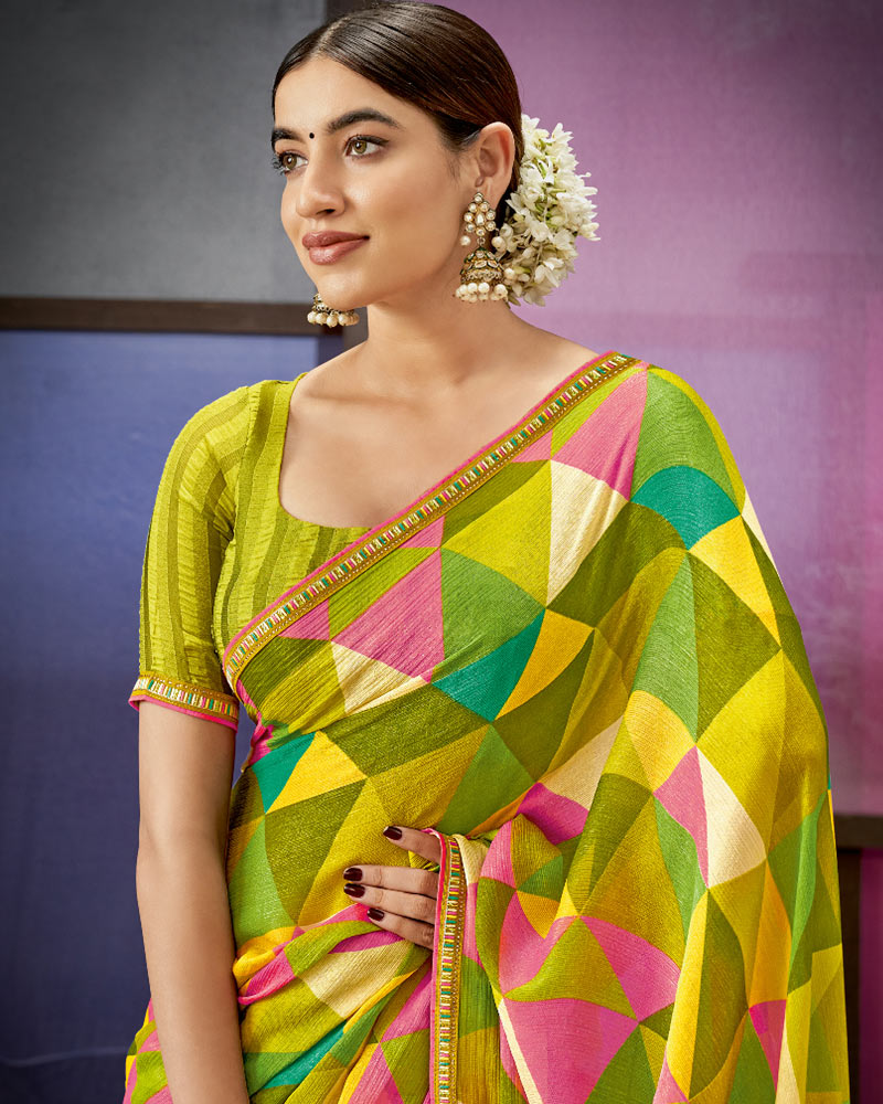Vishal Prints Dark Olive Green Printed Fancy Chiffon Saree With Border